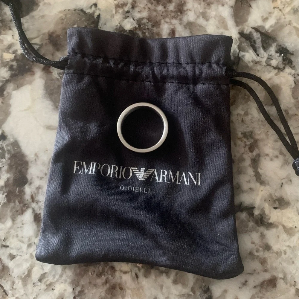NEW Emporio Armani Black Enamel EA Logo Band, Stainless Steel, Size 9
